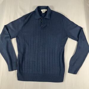 Geoffrey Beene Knit Sweater Polo Shirt Mens‎ Medium Blue Long Sleeve Super Soft
